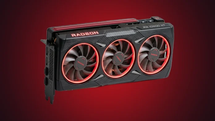 AMD Radeon RX 10800 XT graphics card with triple cooling fans and red LED accents on a premium red spotlight background.