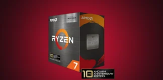 AMD Ryzen 7 5800X3D 10th Anniversary Edition Hits US Retail The AMD Ryzen 7 5800X3D 10th Anniversary Edition processor, isolated on a premium ruby red and black gradient spotlight backdrop.