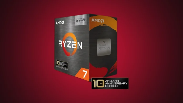 The AMD Ryzen 7 5800X3D 10th Anniversary Edition processor, isolated on a premium ruby red and black gradient spotlight backdrop.