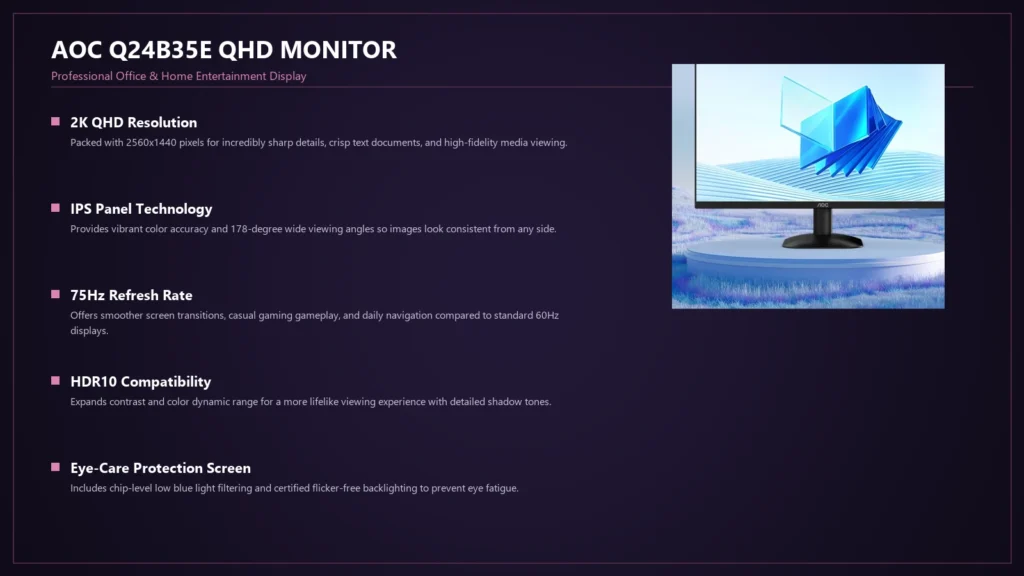 Angled perspective view of the AOC Q24B35E monitor showing its slim bezels and profile.
