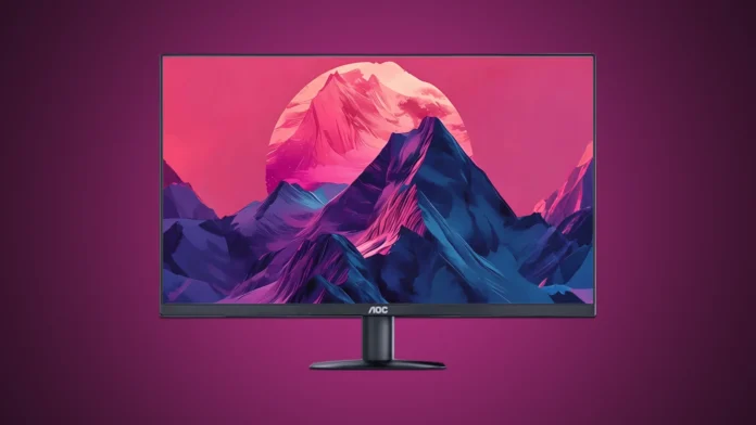 Front view of the AOC Q24B35E 23.8-inch QHD monitor showing the colorful mountain wallpaper.