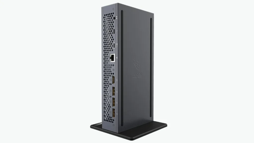 Vertical view of AORUS RTX 5060 Ti AI BOX showing Thunderbolt 5, Ethernet, USB, and display connectivity ports