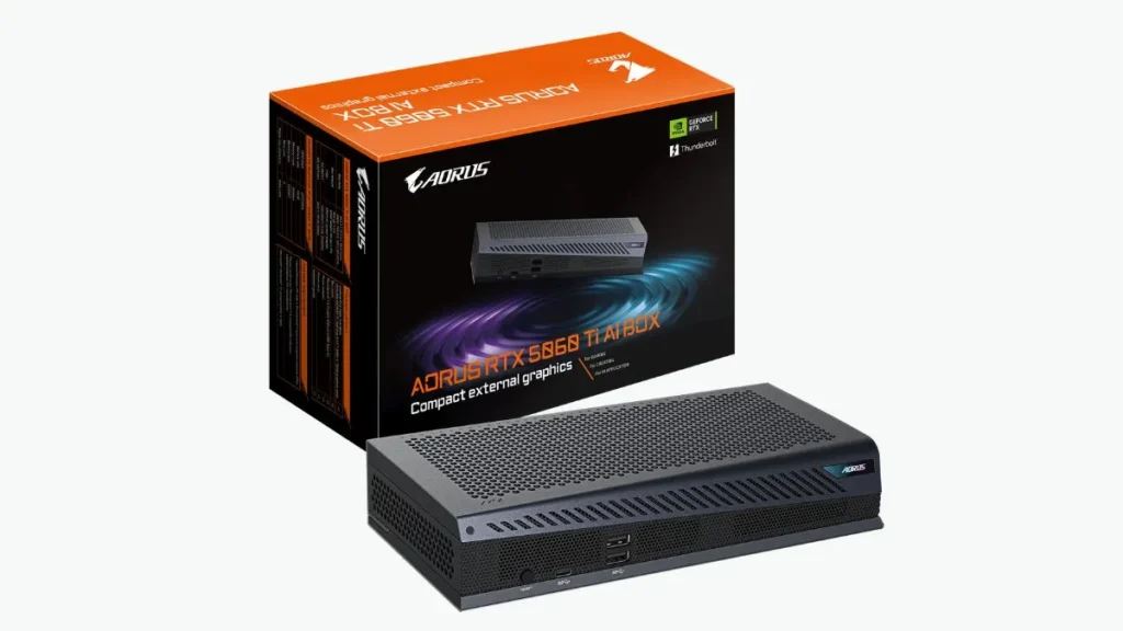 AORUS RTX 5060 Ti AI BOX external GPU enclosure with retail packaging and compact Thunderbolt 5 design