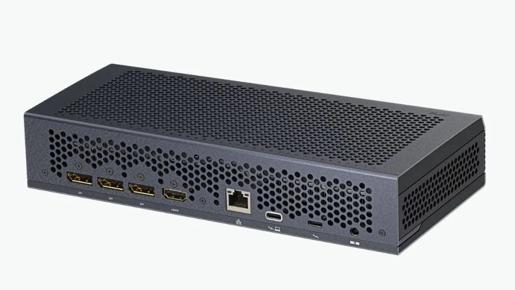 Rear panel of AORUS RTX 5060 Ti AI BOX featuring DisplayPort, HDMI, Ethernet, and Thunderbolt 5 ports