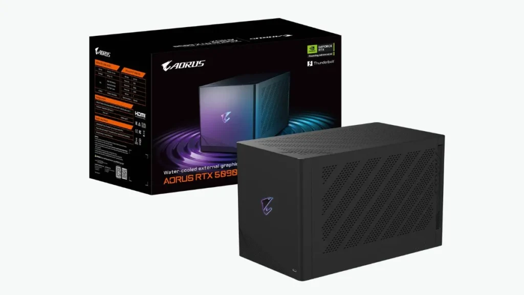 AORUS RTX 5090 AI BOX external GPU enclosure with retail packaging and RGB illuminated logo