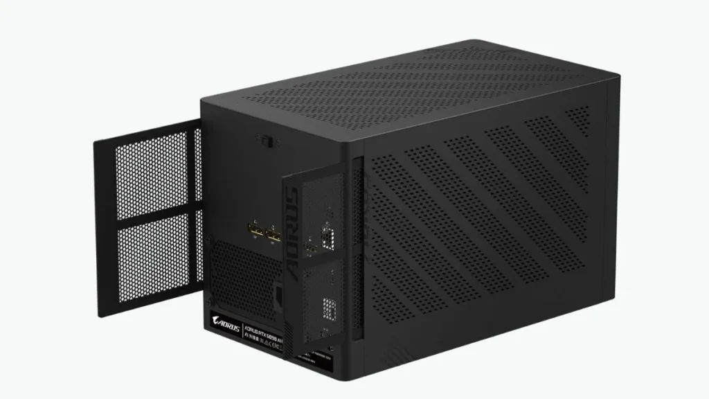 Rear view of AORUS RTX 5090 AI BOX showing GPU installation area and ventilation panel