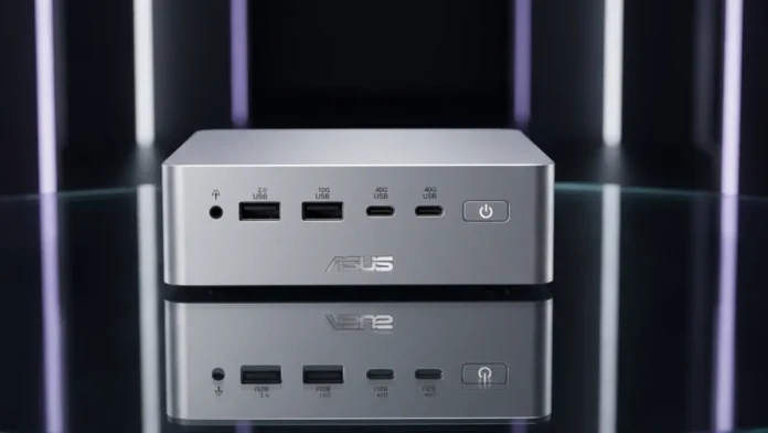 ASUS Ascent QN10 Mini PC Front IO Ports ASUS Ascent QN10 mini PC front view showing USB4, USB-A ports, audio jack, and power button.