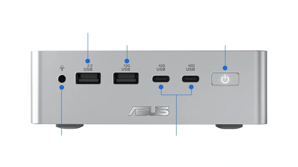 Asus Ascent QN10 Mini PC Arrives with Snapdragon X2 Elite for Local AI Workloads 1 ASUS Ascent QN10 front panel diagram showing USB4, USB-A ports, audio jack, and power button labels.