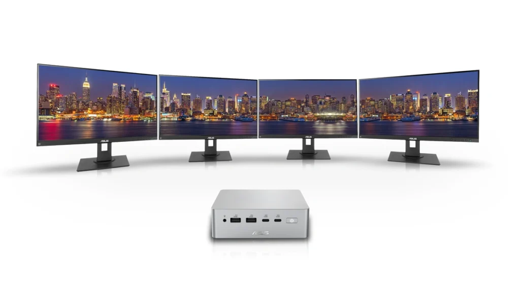 Asus Ascent QN10 Mini PC Arrives with Snapdragon X2 Elite for Local AI Workloads 2 ASUS Ascent QN10 mini PC connected to four external 4K monitors.