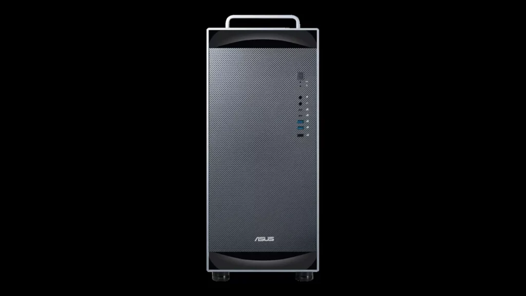 ASUS ExpertCenter Pro ET900N G3 AI Supercomputer Pairs Grace Blackwell Ultra with 748GB Coherent Memory 5 Directly facing front view of the ASUS ExpertCenter Pro ET900N G3 deskside PC showing its carbon-patterned mesh panel and front ports.