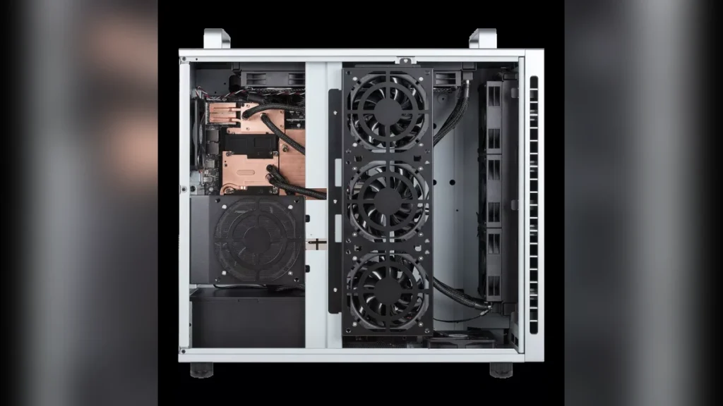 ASUS ExpertCenter Pro ET900N G3 AI Supercomputer Pairs Grace Blackwell Ultra with 748GB Coherent Memory 4 Open side view of the ASUS ExpertCenter Pro ET900N G3 workstation interior showing liquid cooling blocks, fan frames, and internal components.