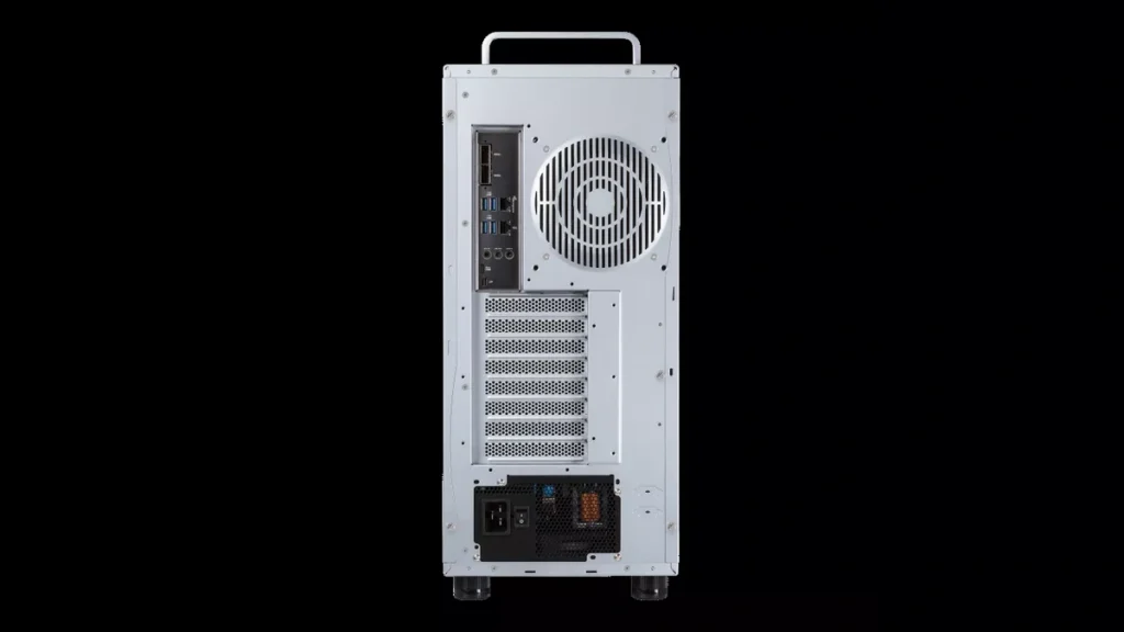 ASUS ExpertCenter Pro ET900N G3 AI Supercomputer Pairs Grace Blackwell Ultra with 748GB Coherent Memory 2 Rear view of the ASUS ExpertCenter Pro ET900N G3 deskside PC showing its back I/O ports and exhaust fan.