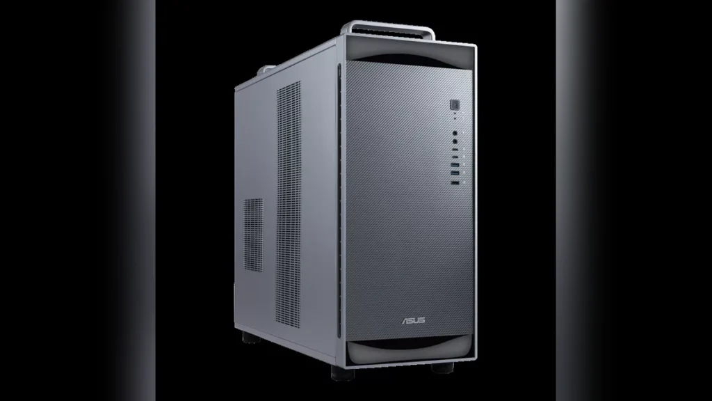 ASUS ExpertCenter Pro ET900N G3 AI Supercomputer Pairs Grace Blackwell Ultra with 748GB Coherent Memory 1 Side profile view of the ASUS ExpertCenter Pro ET900N G3 workstation detailing its metal side panel and ventilation grills.