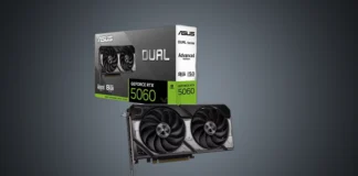 ASUS Adds Two GeForce RTX 5060 Dual Advanced Graphics Cards The ASUS GeForce RTX 5060 Dual Advanced graphics card standing in front of its retail packaging box.