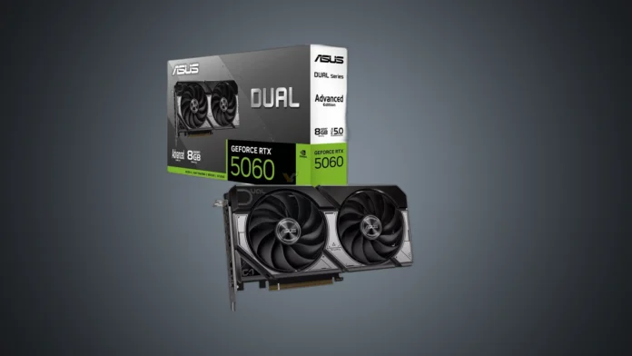The ASUS GeForce RTX 5060 Dual Advanced graphics card standing in front of its retail packaging box.