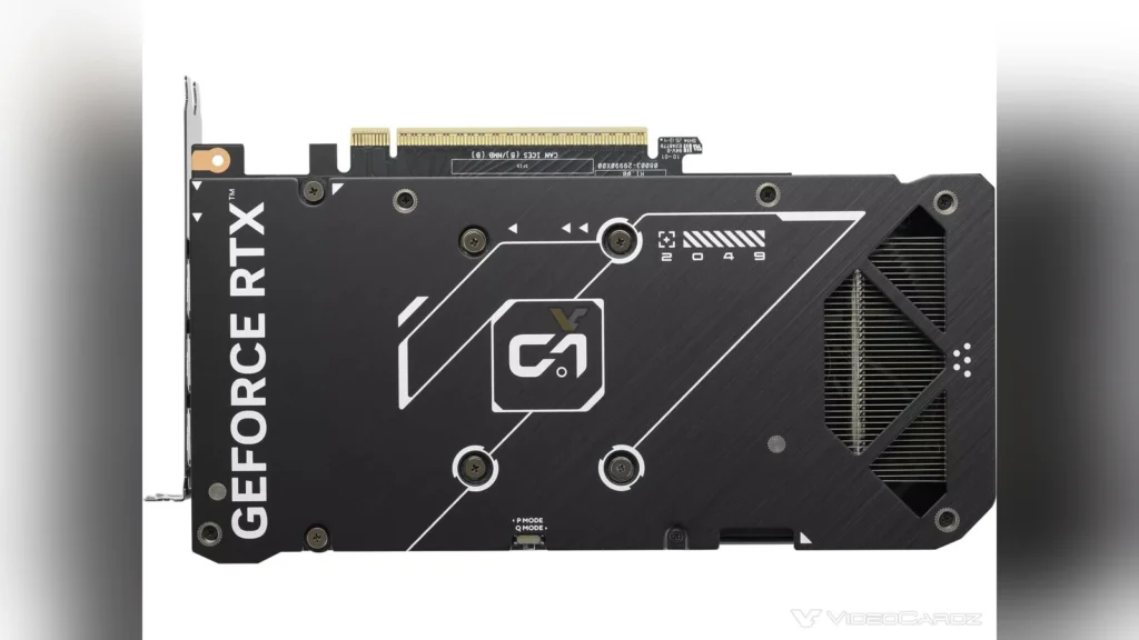Metal backplate view of the ASUS GeForce RTX 5060 Dual graphics card showing the ventilated design.