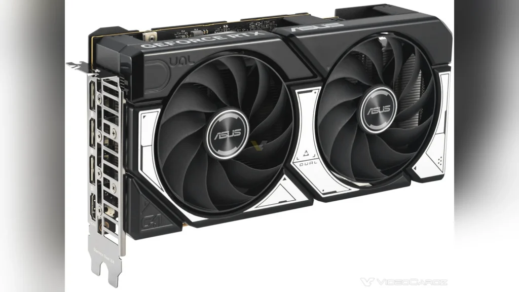 Front view of the black and silver ASUS GeForce RTX 5060 Dual graphics card.