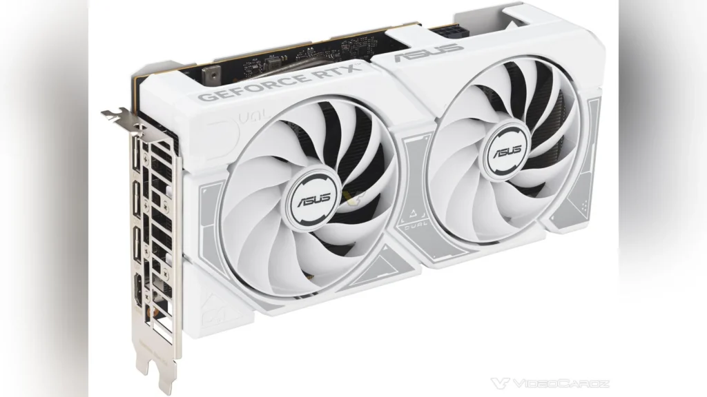 Angled product shot of the ASUS GeForce RTX 5060 Dual White graphics card showing the shroud and fans.