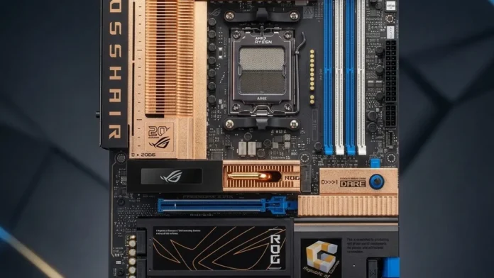 ASUS ROG Crosshair 2006 Anniversary X870E Motherboard ASUS ROG Crosshair 2006 Anniversary X870E motherboard with retro copper-themed heatsinks and AM5 socket