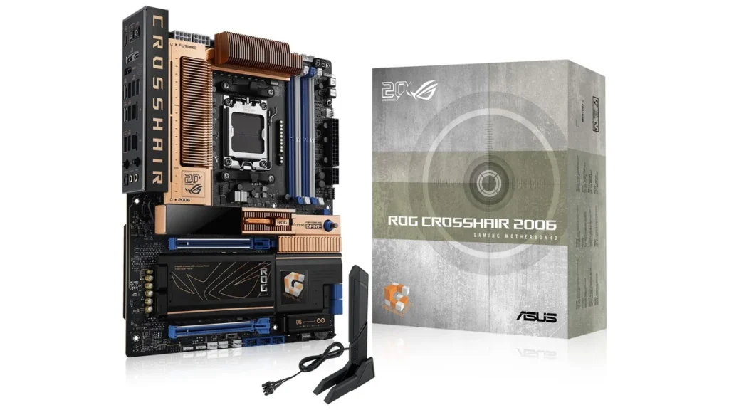 ASUS Releases ROG Crosshair 2006 Anniversary Motherboard in Europe 1 Angled view of the ASUS ROG Crosshair 2006 Anniversary motherboard showing copper-finish heatsinks and DDR5 slots