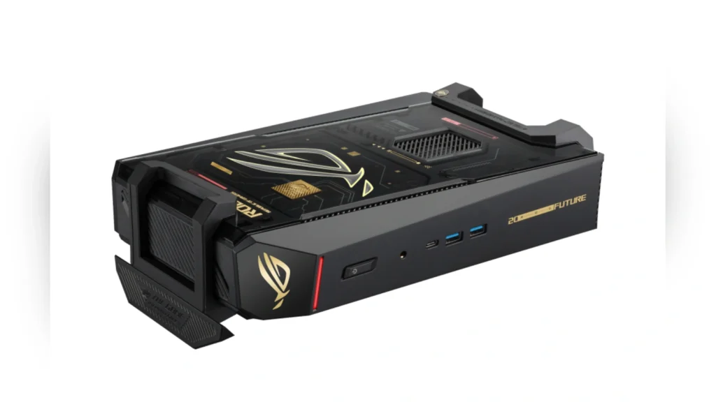 Side view of the ASUS ROG NUC 16 Edition 20 laying horizontally on a white surface.