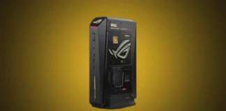 Asus Launches ROG NUC 16 Edition 20 Mini-PC with RTX 5090 The ASUS ROG NUC 16 Edition 20 mini-PC standing vertically, isolated on a premium gold and black gradient spotlight backdrop.