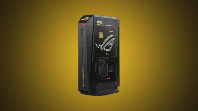 The ASUS ROG NUC 16 Edition 20 mini-PC standing vertically, isolated on a premium gold and black gradient spotlight backdrop.