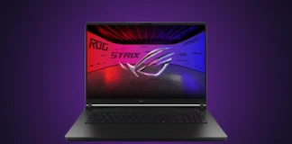 ASUS ROG Strix SCAR 18 Launches with 320W Power and ELMB Displays Front view of the ASUS ROG Strix SCAR 18 (2026) gaming laptop displaying a colorful digital background on its 18-inch screen, isolated on a premium purple and indigo gradient spotlight backdrop.