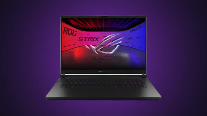 Front view of the ASUS ROG Strix SCAR 18 (2026) gaming laptop displaying a colorful digital background on its 18-inch screen, isolated on a premium purple and indigo gradient spotlight backdrop.