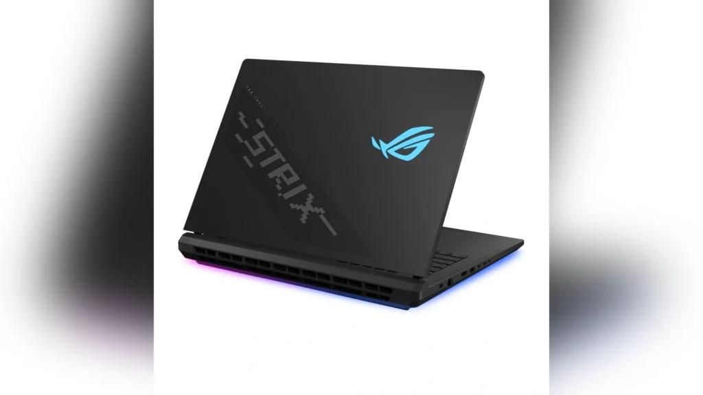 Rear view of the closed ASUS ROG Strix SCAR 18 (2026) lid showing the glowing cyan ROG Eye emblem.