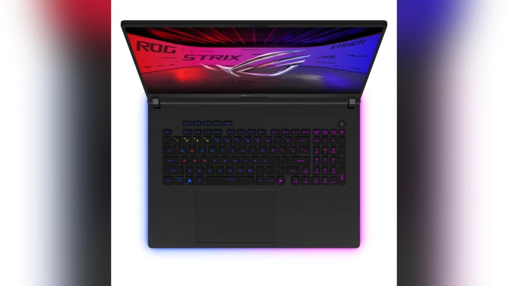 Direct top-down view of the ASUS ROG Strix SCAR 18 (2026) keyboard deck showing the per-key RGB backlighting and translucent deck design.