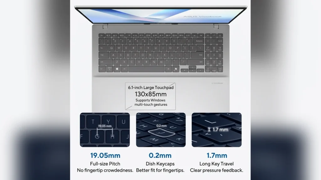 Overhead view of the ASUS Vivobook keyboard deck and touchpad with English spec overlays detailing key travel and pitch.