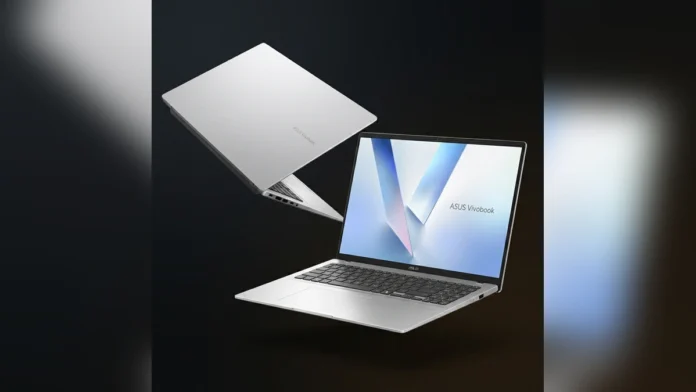 Professional product shot of two silver ASUS Vivobook laptop models floating elegantly against a structured pale-blue background wall.