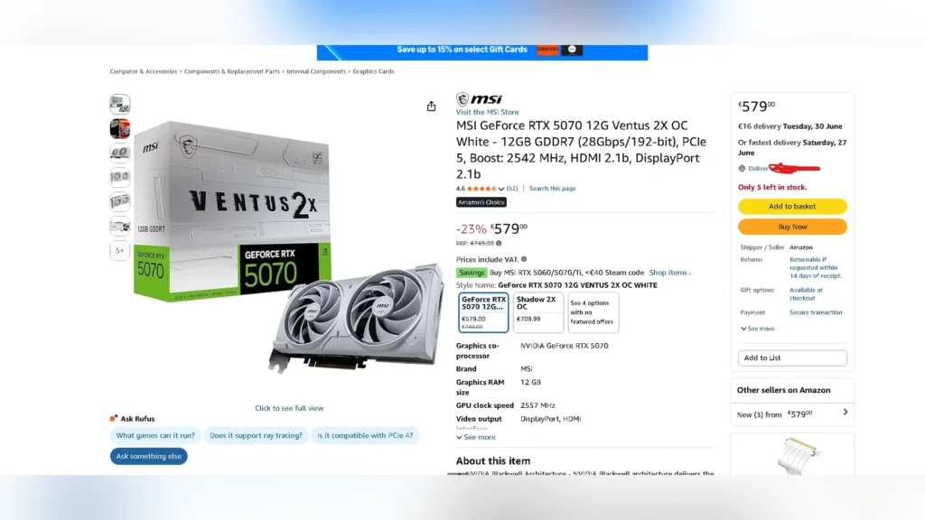MSI official store listing on Amazon.de for GeForce RTX 5070.