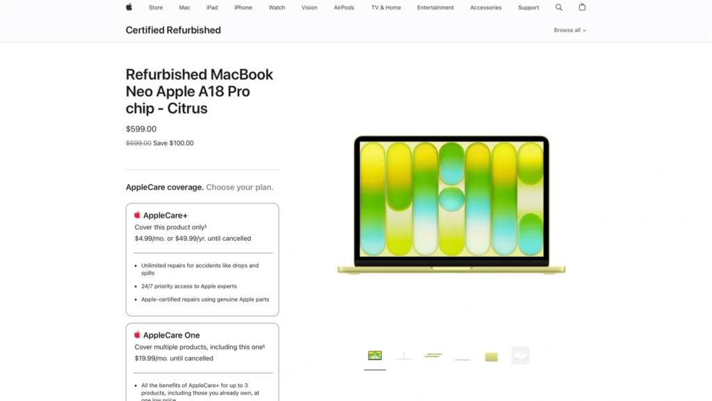 Official Apple online store listing for the refurbished MacBook Neo in Citrus color.