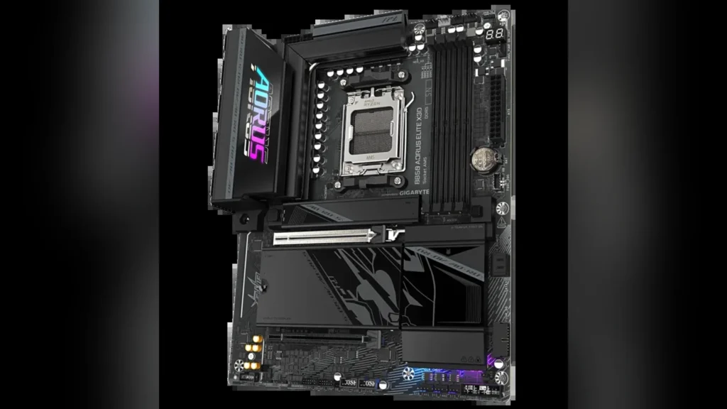 Close-up perspective showing the AM5 socket and power delivery heatsinks of the motherboard.