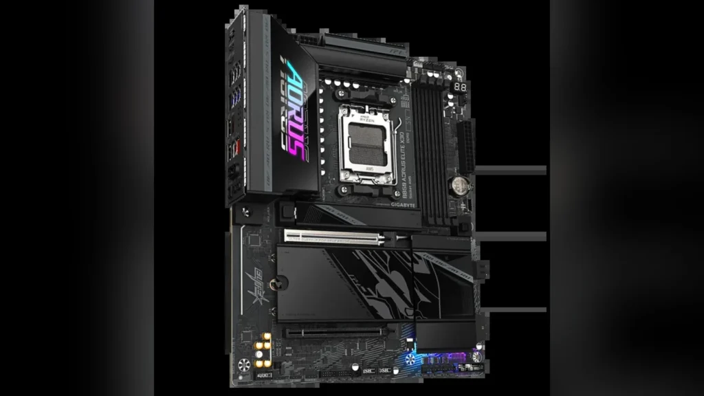 Perspective view of the AM5 B850 AORUS ELITE X3D motherboard.