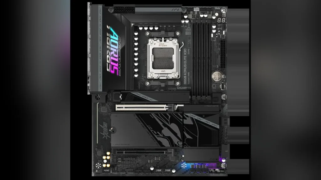 Overhead view of the Gigabyte B850 AORUS ELITE X3D motherboard showing component layout.