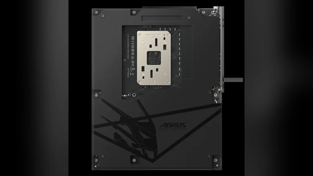 Metal backplate view of the Gigabyte B850 AORUS ELITE X3D motherboard.