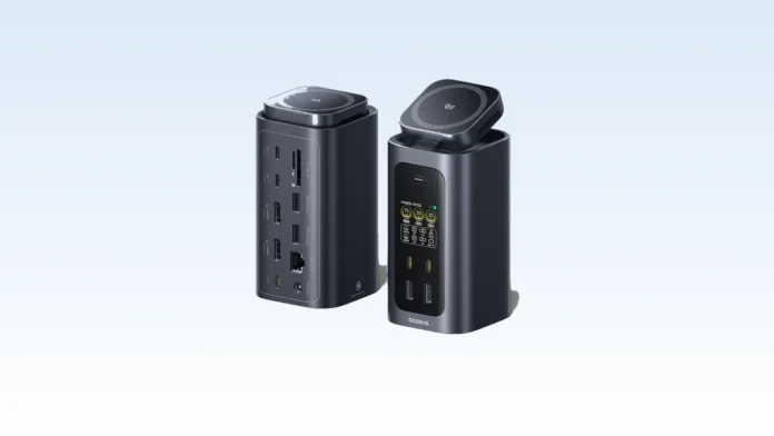 Baseus Spacemate RD1 Pro 15-in-1 docking station with Qi2.2 wireless charging pad and integrated smart display.