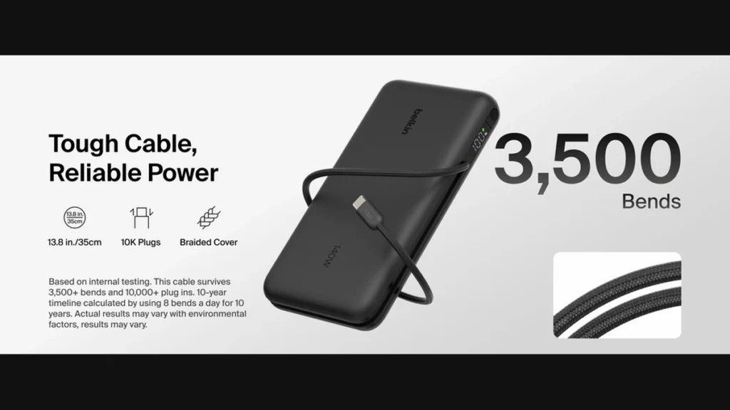 Belkin UltraCharge Pro 25K power bank shown in black and white color options with integrated USB-C charging cables