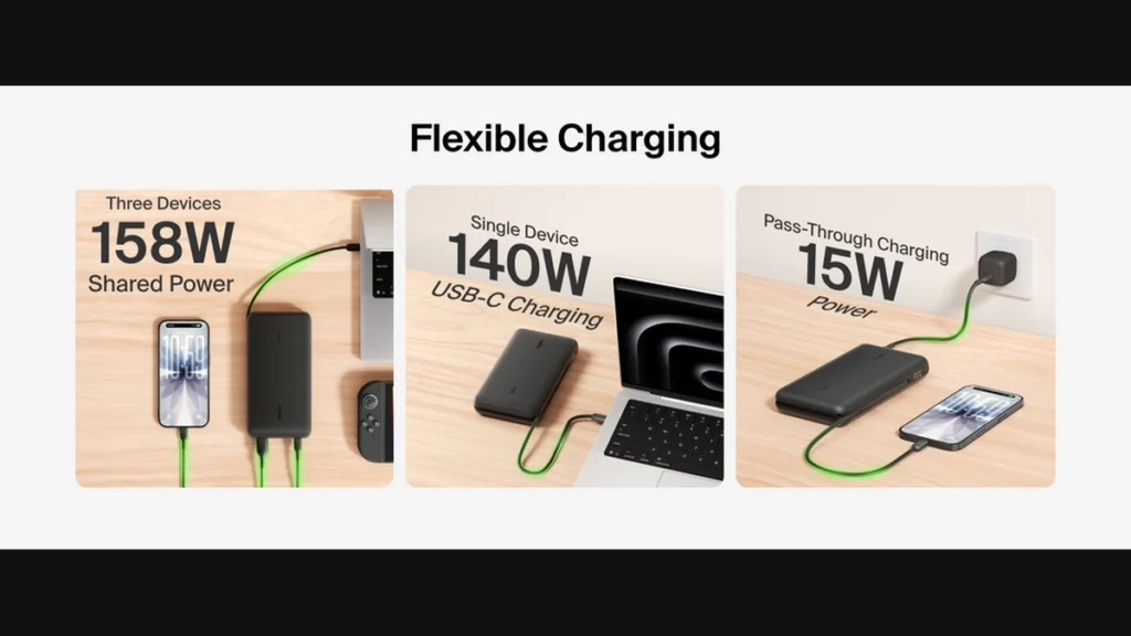 Belkin UltraCharge Pro 25K power bank demonstrating multi-device and pass-through charging modes