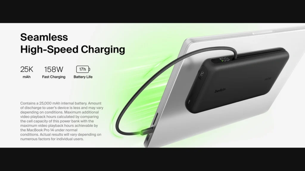 Belkin UltraCharge Pro 25K power bank charging a laptop through its integrated USB-C cable