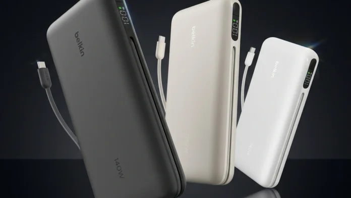 Belkin UltraCharge Pro 25K power bank shown in black and white color options with integrated USB-C charging cables