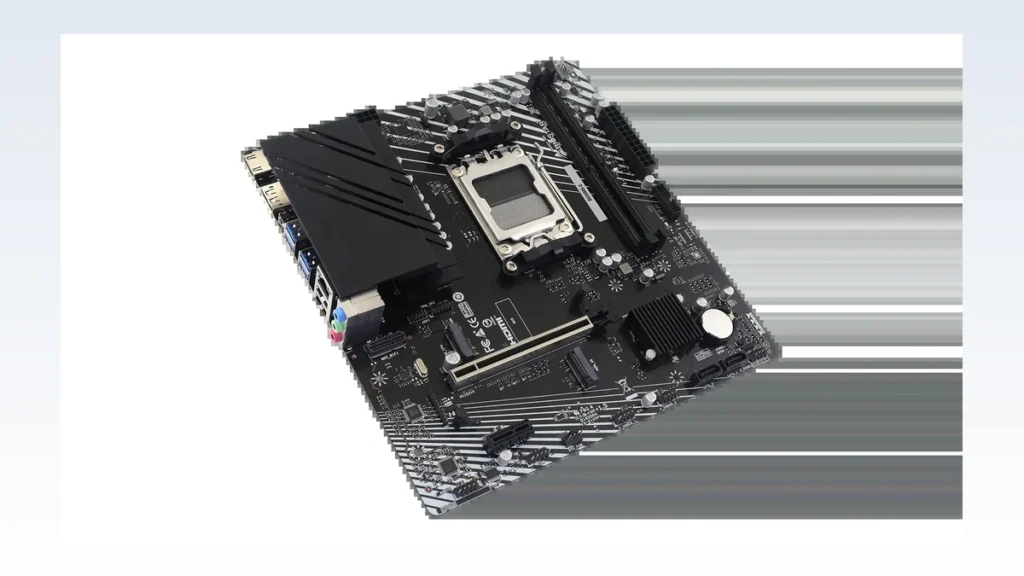 Biostar B850MS-E AM5 Motherboard Pairs PCIe 5.0 with Wi-Fi 7 2 Angled perspective shot of the Biostar B850MS-E AM5 motherboard, framed with a blurred background.