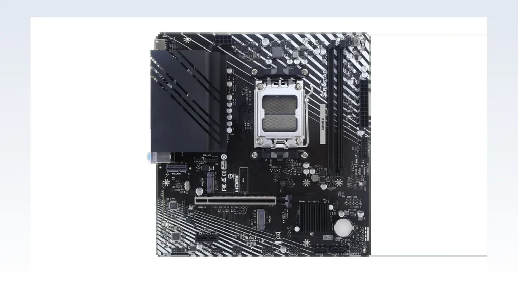 Biostar B850MS-E AM5 Motherboard Pairs PCIe 5.0 with Wi-Fi 7 1 Top-down view of the Biostar B850MS-E motherboard layout detailing the AM5 socket and PCIe slots, framed with a blurred background.