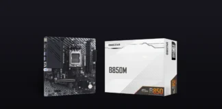 Biostar B850MS-E AM5 Motherboard Pairs PCIe 5.0 with Wi-Fi 7 The Biostar B850MS-E Socket AM5 motherboard shown next to its product packaging on a dark premium gradient background.