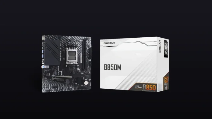 The Biostar B850MS-E Socket AM5 motherboard shown next to its product packaging on a dark premium gradient background.