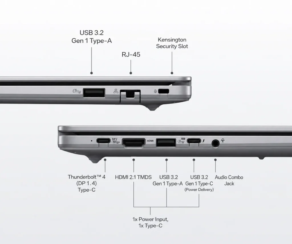 Asus Dawn 7S Laptop Pairs Ryzen AI 5 330 With 96GB RAM 2 Asus Dawn 7S ports including Thunderbolt 4, HDMI 2.1, USB-A, USB-C, RJ45, and audio jack