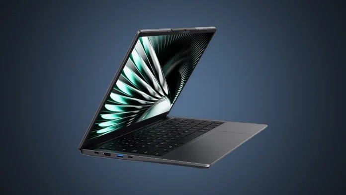 Front view of the Chuwi UniBook 14-inch laptop open showing its WUXGA screen, isolated on a premium steel blue and dark grey gradient spotlight backdrop.